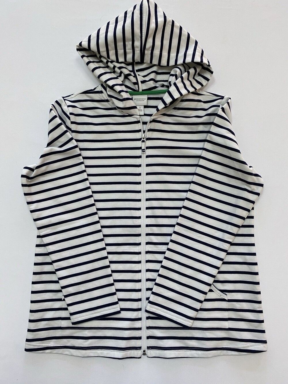 Weekends by Chicos Navy Blue White Striped Full Zip Hoodie Size 1 Nautical